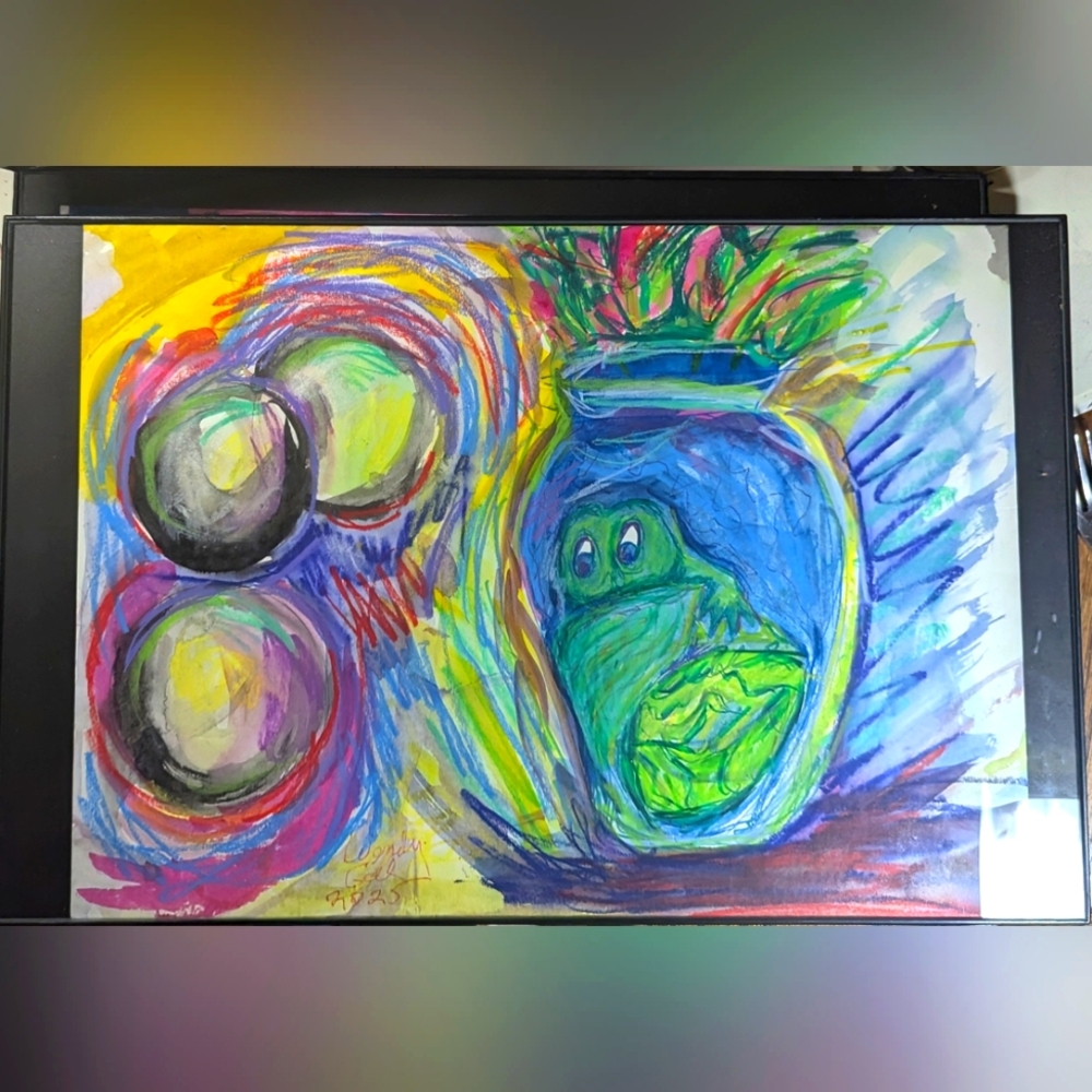 Wendy Gell Art Whimsical Frog Face With Flowers  Bubbles Crayon Watercolor Ink
